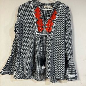 Studio West Apparel Gingham Red Embroidered Boho Long Flutter  Sleeve Top Large